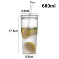 Axyaa 600ml Ins Stripe Glass Cup with Lid and Straw Drinking Glasses Transparent Juice Tea Cup