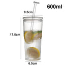 Axyaa Ins Stripe Glass Cup With Lid and Straw 600ml Drinkware - Transparent Glass