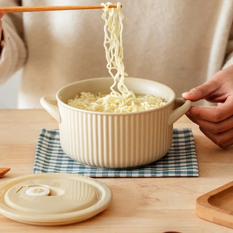 Axya Striped Ceramic Noodle Bowl with Handle for Kitchen Tableware and Microwave Safe