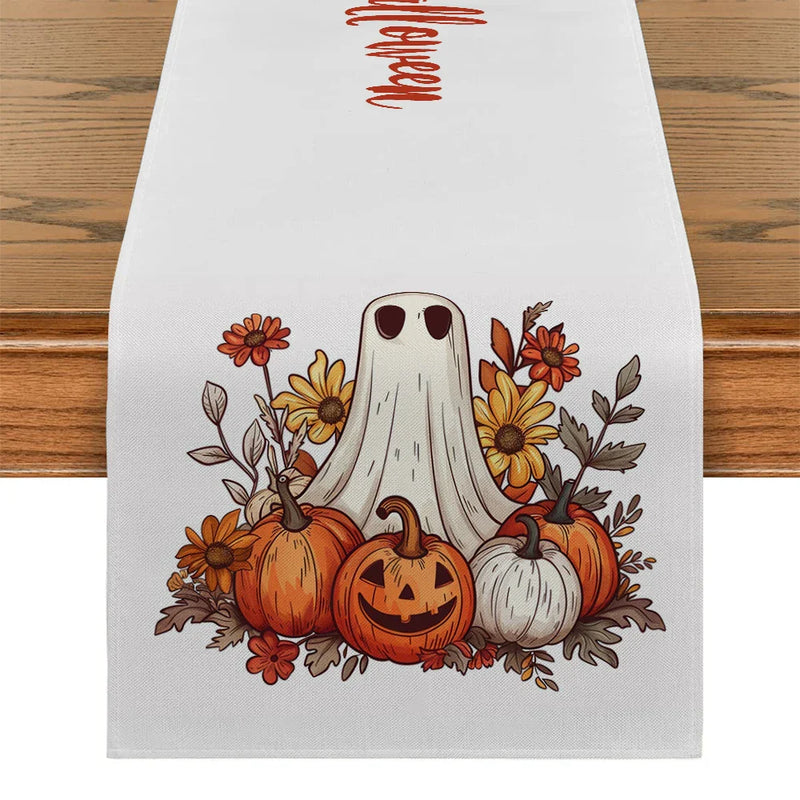 Axyaa Cute Ghost Chrysanthemum Table Runner - Halloween Party Decor and Dresser Table Accent