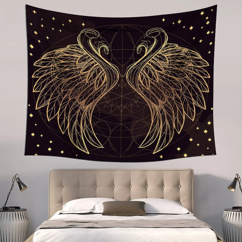 Axyaa Angel Wings Tapestry: Black & White Boho Trippy Hippie Wall Hanging