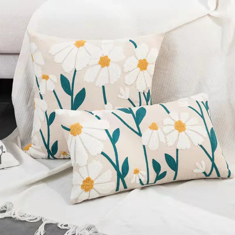 Daisy Floral Geometric Embroidery Pillow Cover 45x45cm Yellow Blue Soft Cozy