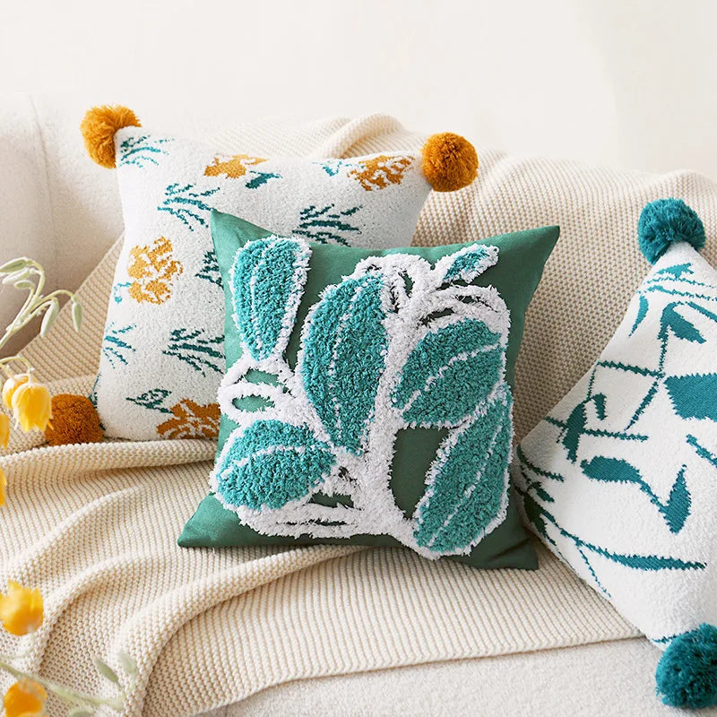 Axyaa Soft Tufted Pompom Leaves Cushion Cover for Sofa Bed, 45x45cm