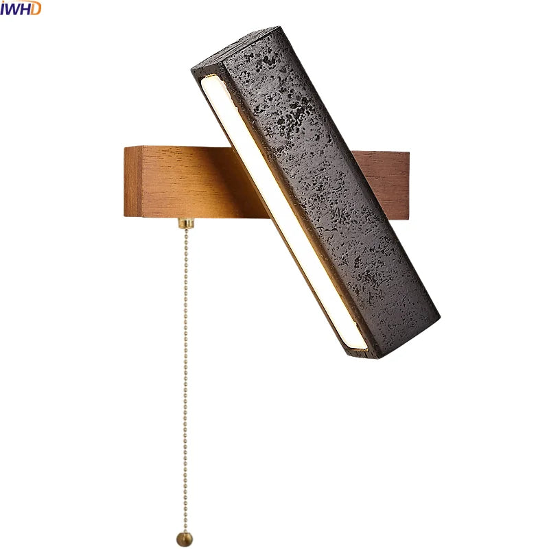 Axyaa Wabi Sabi LED Wall Light Black Travertine Wood Pull Chain Switch Bedside Lamp