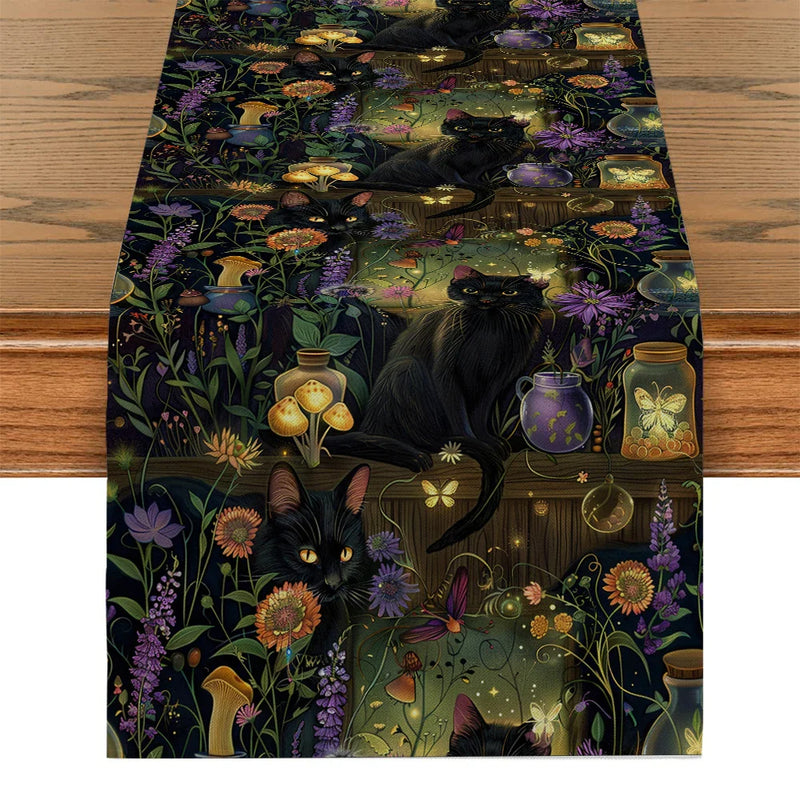 Axyaa Black Cats Butterflies Table Runner for Farmhouse Dining and Wedding Party