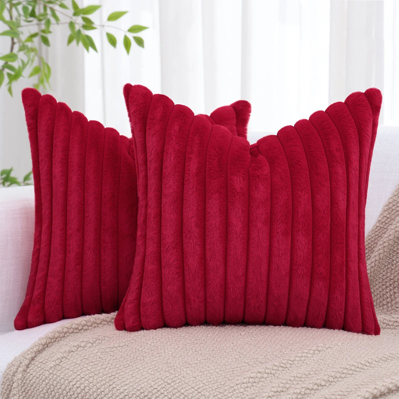 Axyaa 16x16 Faux Fur Striped Pillow Covers 2pcs - Soft Plush Velvet Back