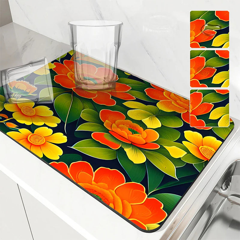 Axyaa Watercolor Kitchen Draining Mat - Large, Anti-slip, Quick Dry, Absorbent Drain Pad