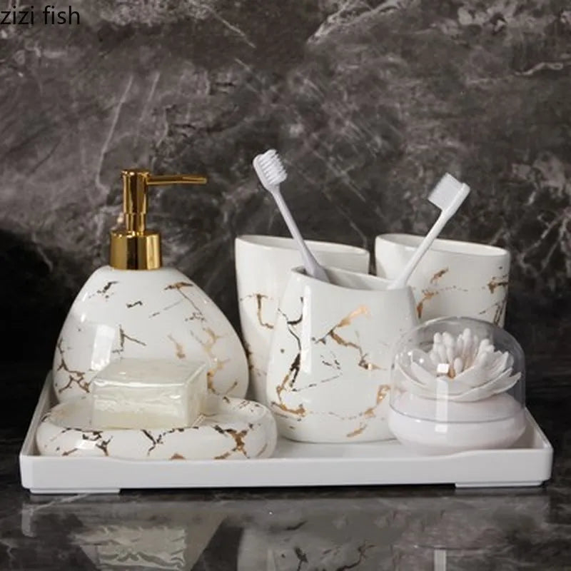 Axya Gold Marble Ceramic Bathroom Set - 7pcs
