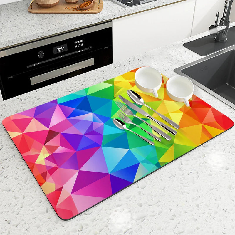 Pride Moon Rainbow Geometric Non-Slip Kitchen Drying Mat by Axyaa