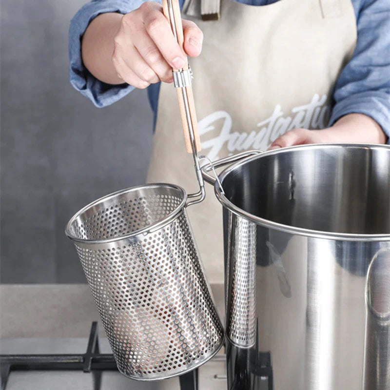Axyaa Stainless Steel Hot Pot Colander with Wooden Handle - Kitchen Skimmer Basket