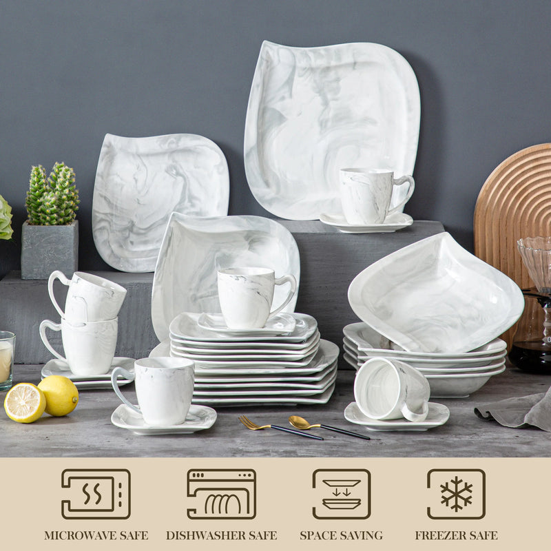 Axya™ 30-Piece Marble Porcelain Dinnerware Set: Dinner, Dessert, Soup Plates, Cup & Saucer