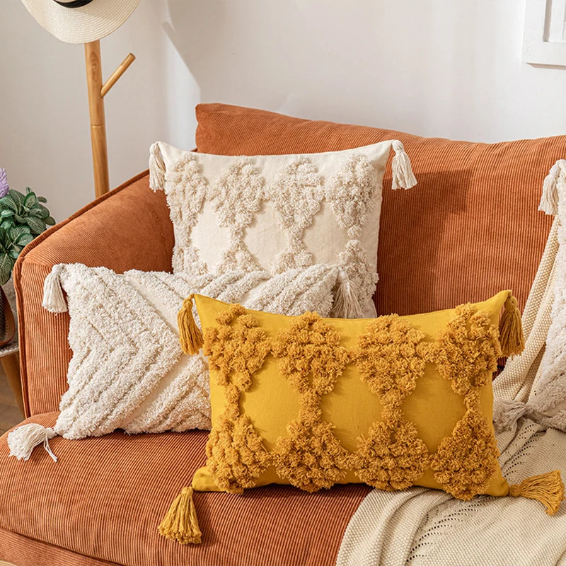 Axyaa Tufted Diamond Pattern Cushion Cover - Nordic Style Beige Yellow Tassel Pillowcase
