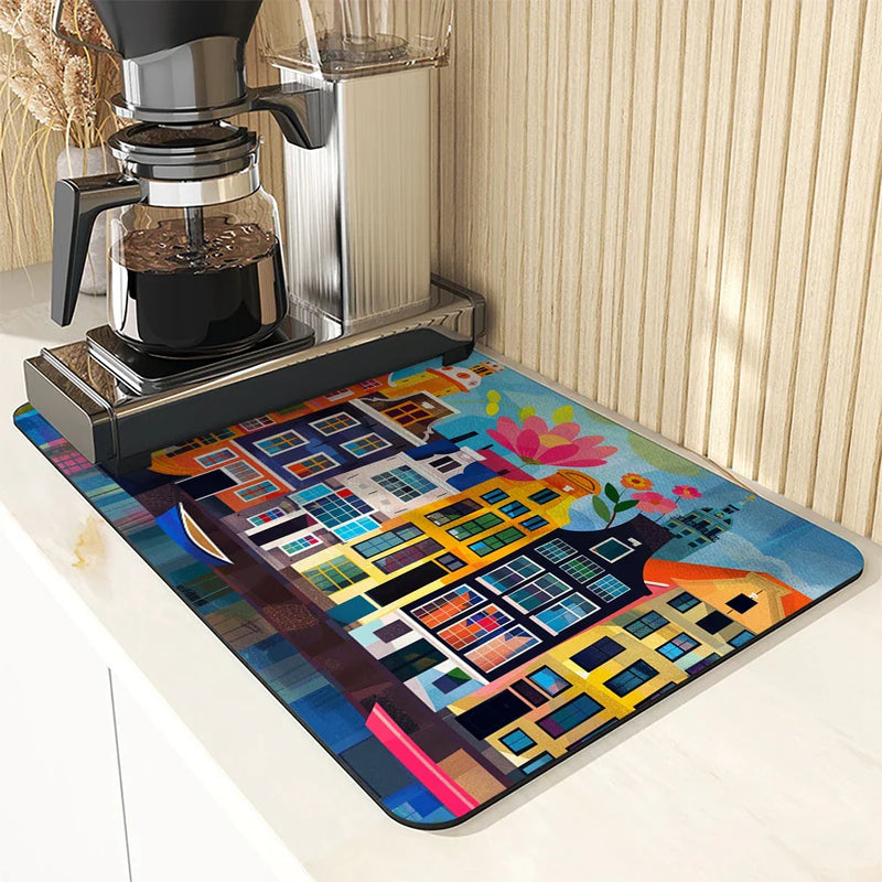 Axyaa Absorbent Kitchen Mat: Amsterdam Boats Design for Quick Drying, Antiskid & Draining