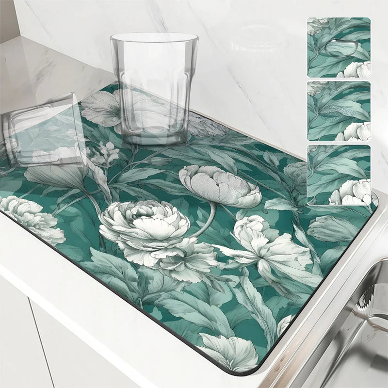 Axyaa Non-Slip Drying Mat for Kitchen Counter, Absorbent Plant Leaf Design