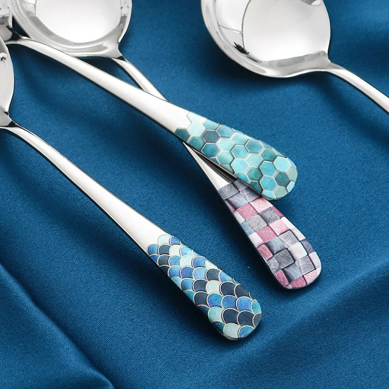 Axya Stainless Steel Colorful Korean Soup & Rice Spoon Set, Large Round Design