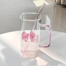 Axyaa 350ML Square Mug with Lids, Straws, Bow Handle - Pink Female Milk Coffee Cup
