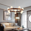 Axyaa Nordic Walnut Wood Chandelier: Modern LED Circle Lighting for Living Room & Bedroom