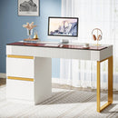 Axyaa Glass Top Writing Desk with Drawers, 47 Inch Modern Home Office, White/Gold