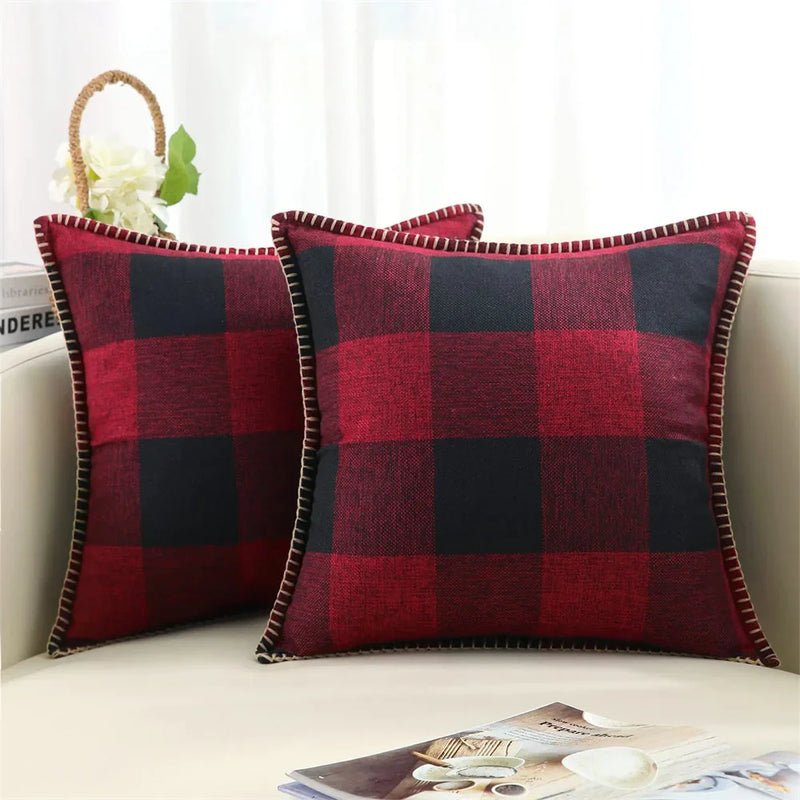 Axyaa Plaid Check 50x50cm Pillow Cover Cotton Linen Home Decor Sofa Cushion