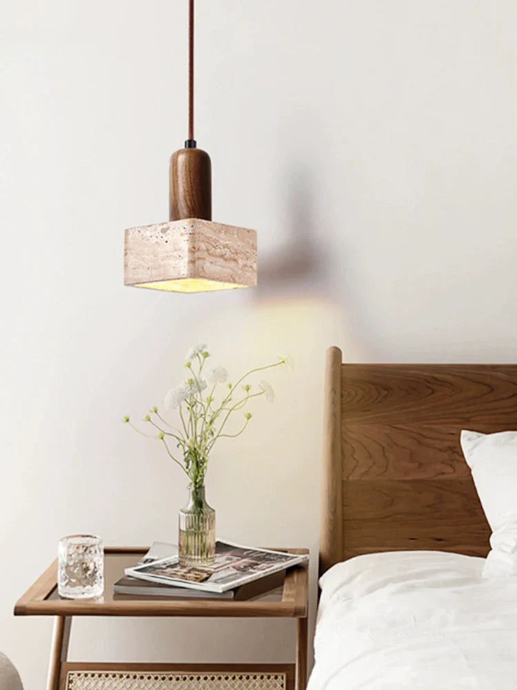 Axya Solid Wood Square Stone Chandelier, Retro Style E27 Pendant Lamp for Bedroom, Living Room