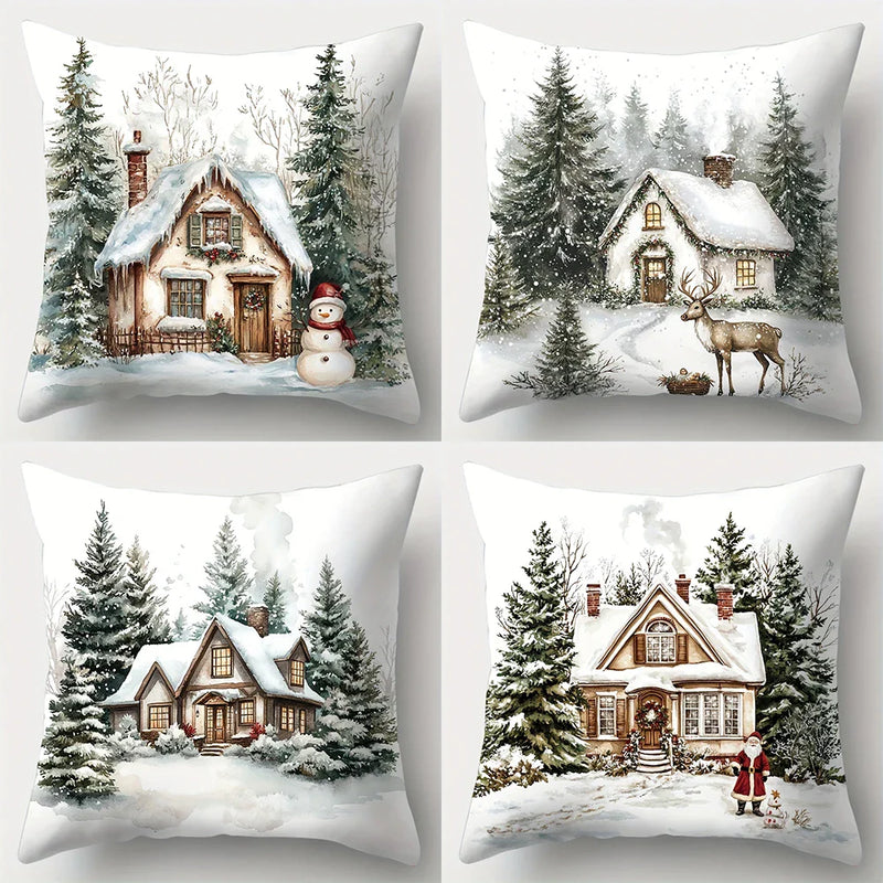 Axyaa Winter Snow Hut Pillow Cover, Festive Christmas Sofa Cushion Home Decor