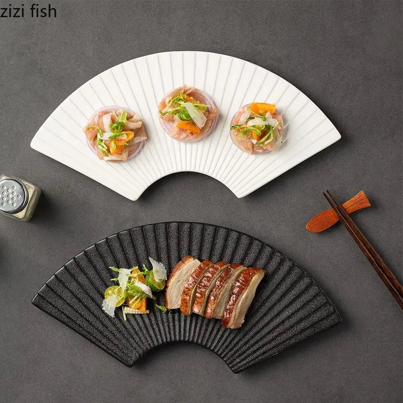 Axya Ceramic Fan-Shaped Sushi Plate Set - Striped Creative Dining Tableware