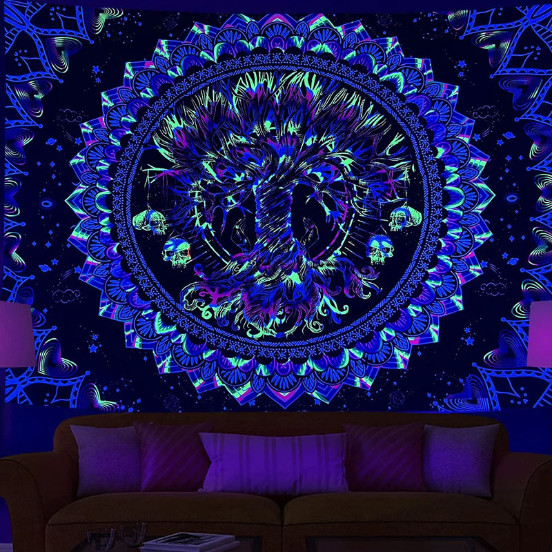 Axyaa UV Mushroom Mandala Tapestry for Home & Bedroom - Psychedelic Aesthetic Room Decor