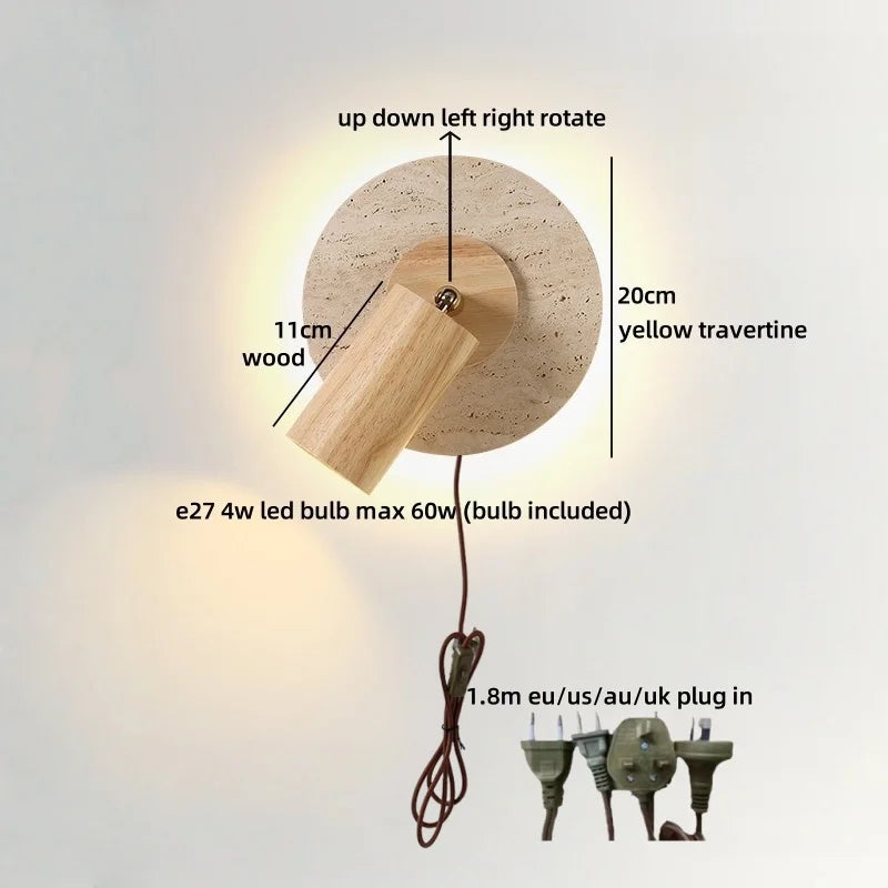 Axyaa Wabi Sabi LED Wall Lamp Yellow Travertine Wood Lampshade, Bathroom Mirror Light