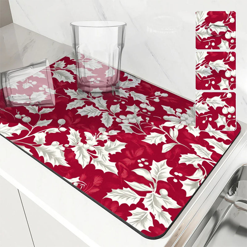 Axyaa Holly Berry Kitchen Drying Mat - Quick Dry & Antiskid Drain Pad