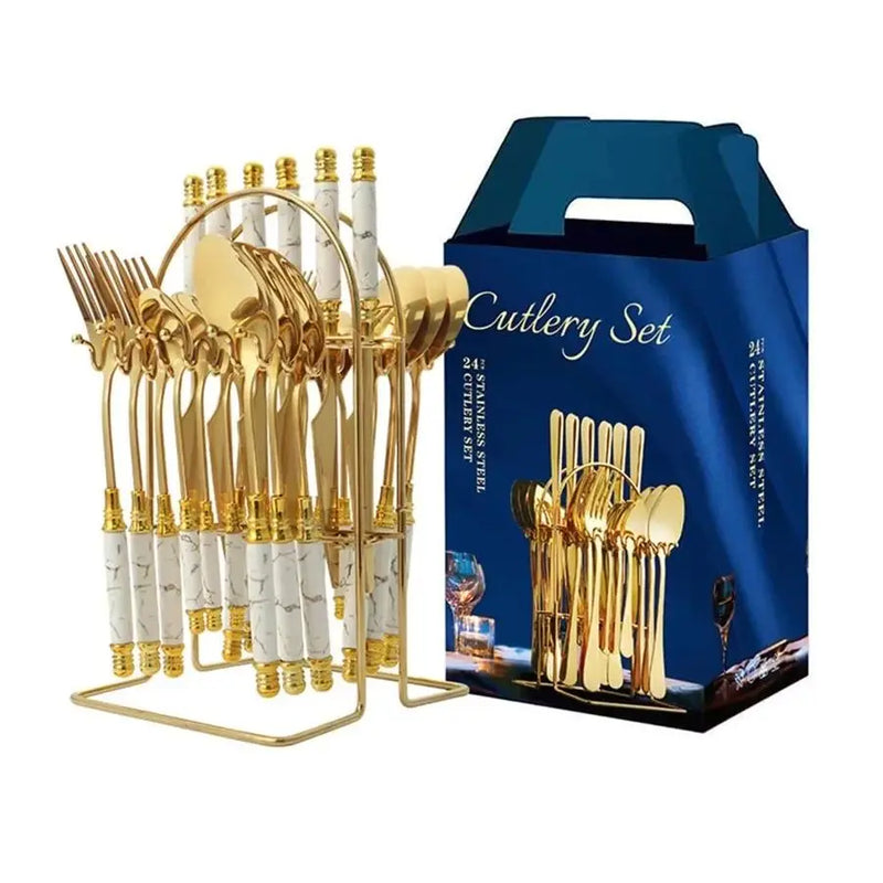 Axyaa 24pcs Ceramic Handle Cutlery Set with Holder - Stainless Steel Knife Fork Spoon