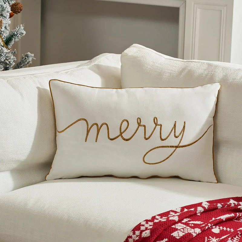 Axyaa Christmas Letter Embroidery Lumbar Pillow Cover in White Red Green