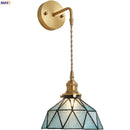 Axyaa Tiffany Glass LED Wall Lamp Pull Chain Switch Vintage Copper Wall Lights