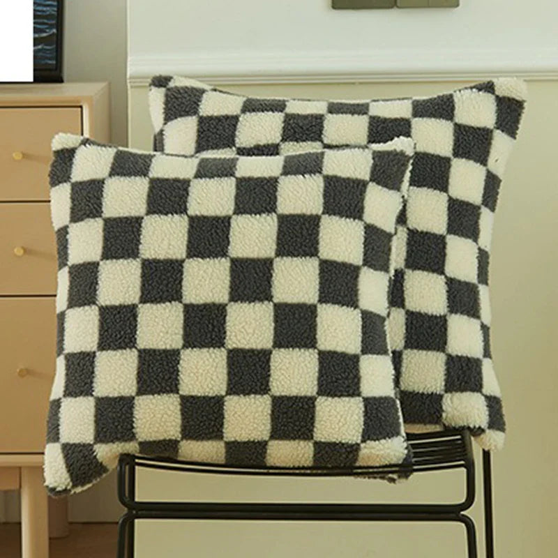 Axyaa Plaid Faux Fur Wool Throw Pillow Cover for Home Decor