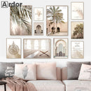 Morocco Architecture Islamic Canvas Art Print with Beige Flower Palm Tree Painting - Axyaa