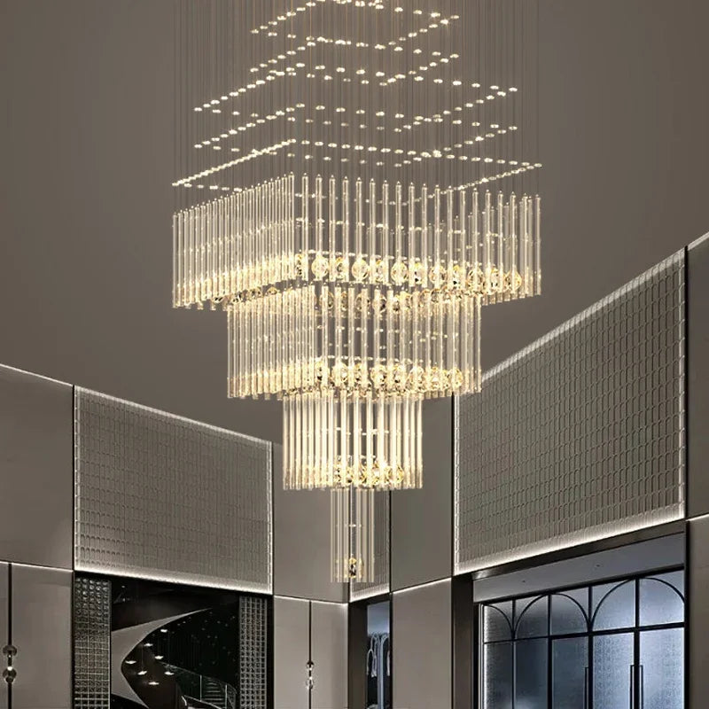 Axyaa Crystal Ceiling Chandelier: Modern Square Base Hanging Lamp for Living Room, Staircase, Loft