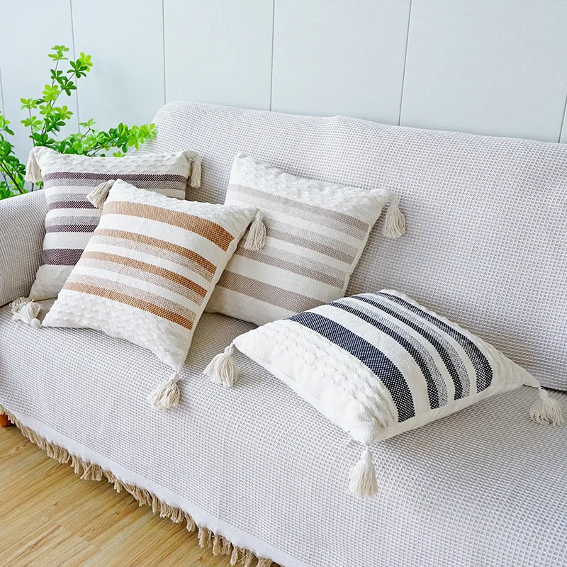 Ivory Brown Coffee Black Stripe Pillow Case with Tassels - Axyaa Brand