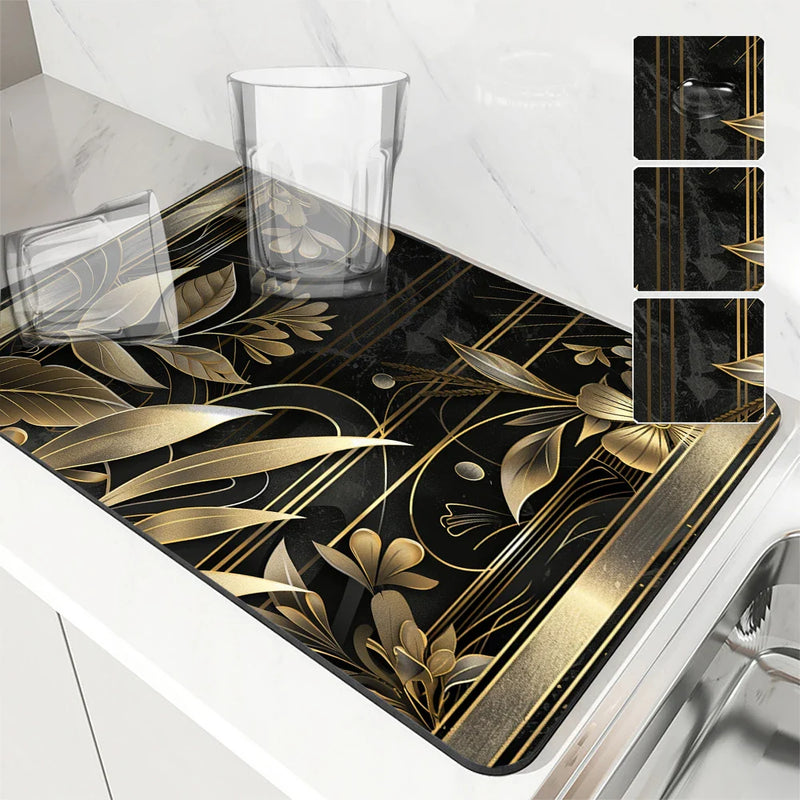 Axyaa Metallic Floral Branches Drying Mat: Non-Slip Absorbent Placemat