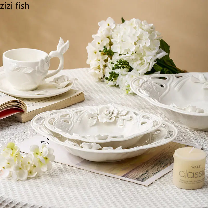Axya Rose Relief Ceramic Tea Set with Milk Cup and Dinner Plate