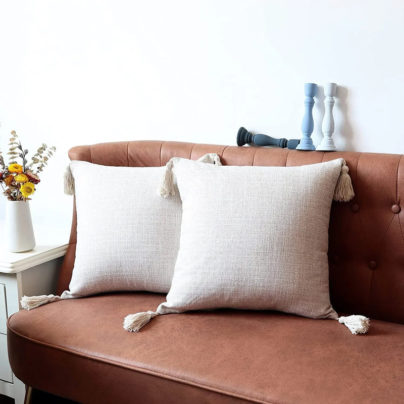 Axyaa White Linen Tassel Pillowcase for Farmhouse Living Room