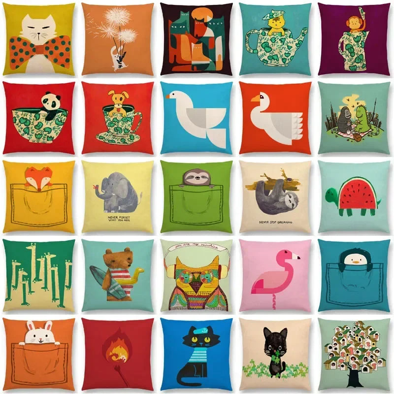 Axyaa Cartoon Animals Cushion Cover - Cat Flamingo Penguin Rabbit Pillow Case