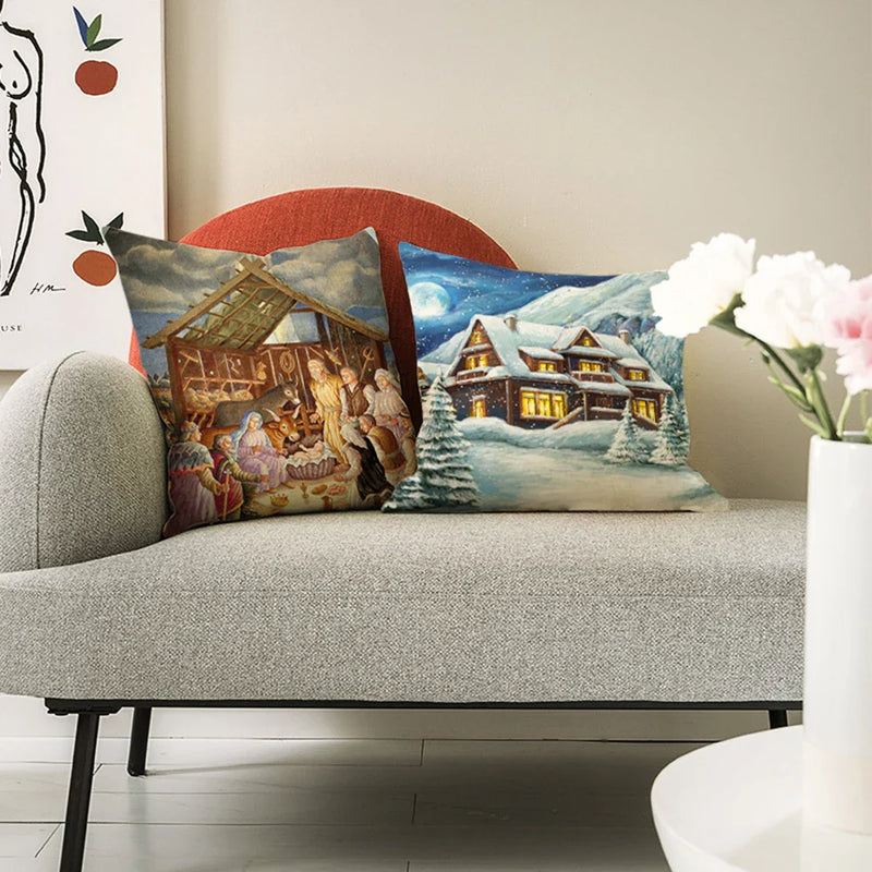 Axyaa Christmas Linen Cushions 45x45 for Living Room Sofa Decor