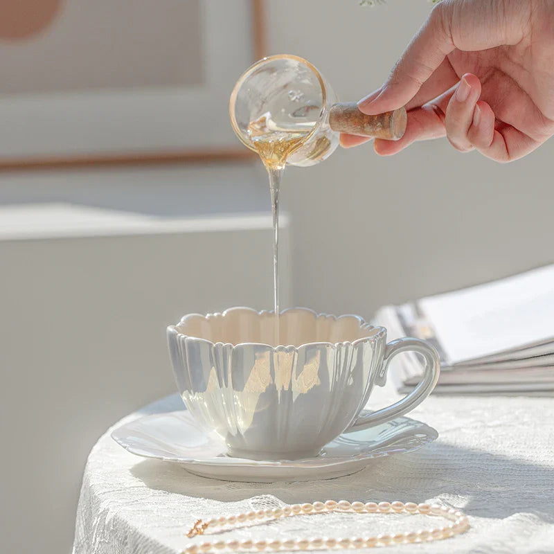Axya Petal Ceramic Coffee Cup and Saucer Set for Afternoon Tea and Milk - 8oz