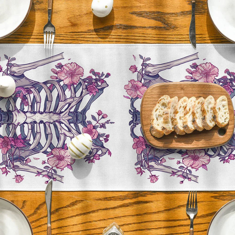 Axyaa Halloween Skeleton Floral Table Runner for Dining Room