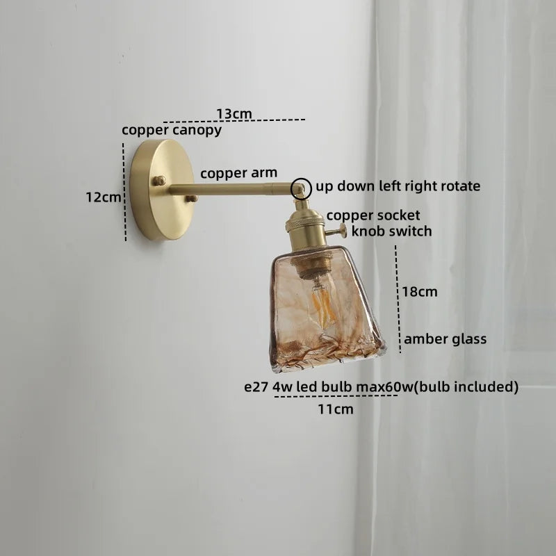 Axyaa Glass Copper LED Wall Lamp with Knob Switch for Modern Home Decor