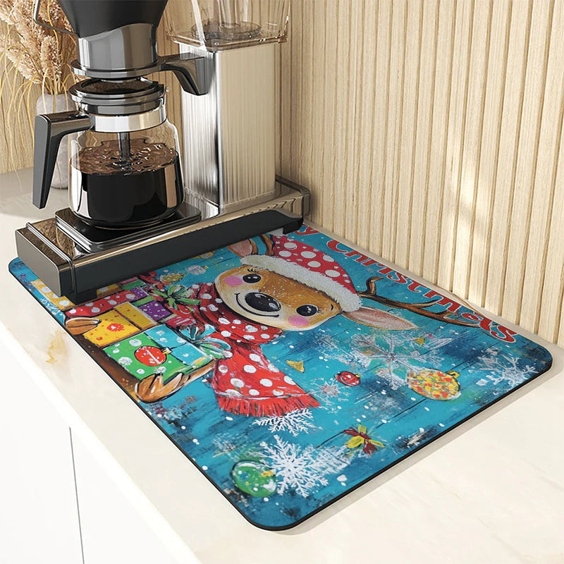 Axyaa Christmas Deer Drying Mat - Absorbent & Antiskid Kitchen and Bathroom Pad