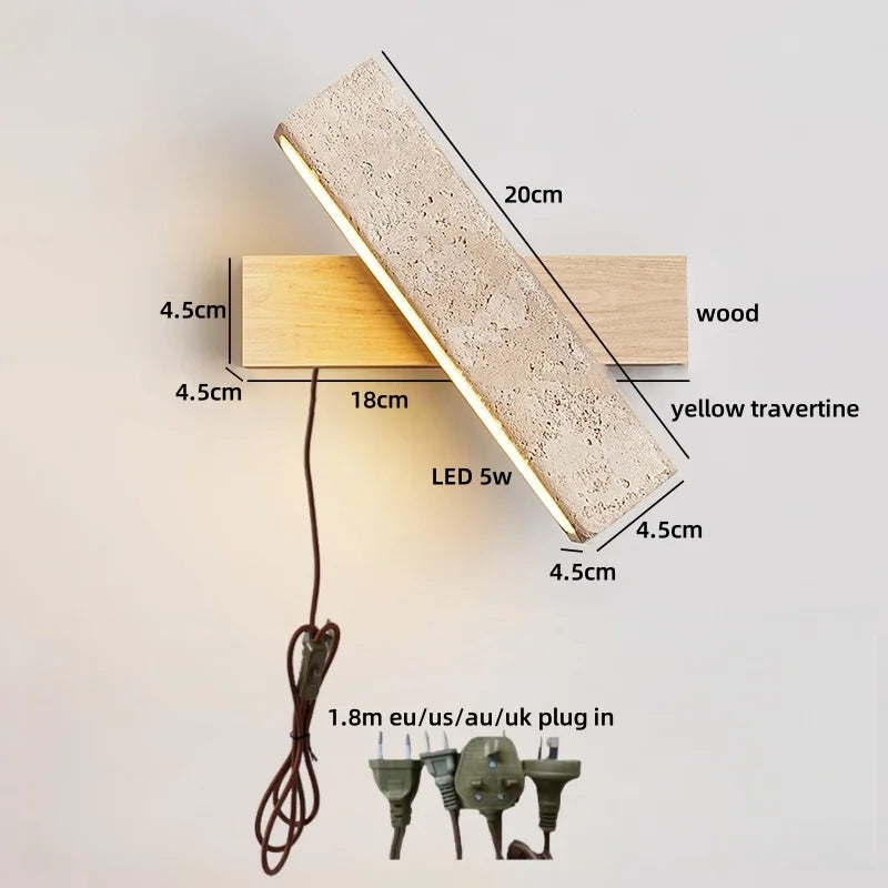 Axyaa LED Wall Light Mirror Stone Wood Wall Art Decor Bedroom Lamp
