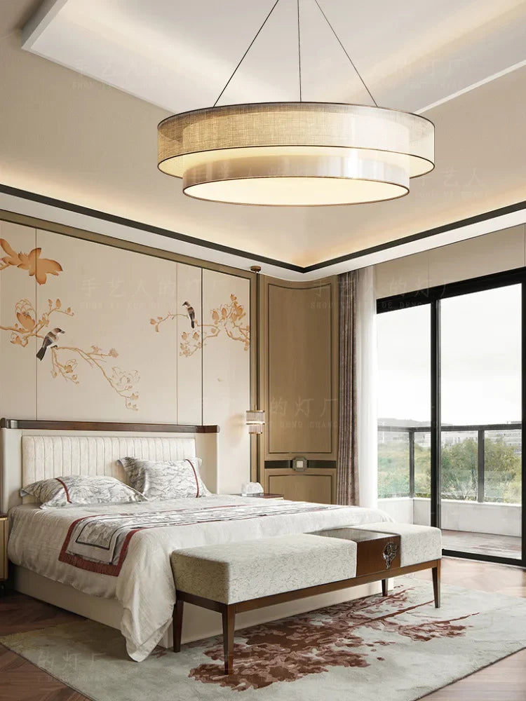 Axya Zen Circle Chandelier: Elegant Fabric Lighting for Living Room, Bedroom, Study, and Dining Room.