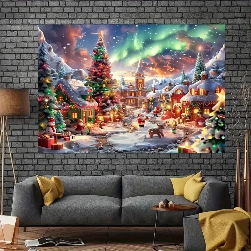 Axyaa Christmas Town Aurora Snow Tapestry for Festive Home Decor