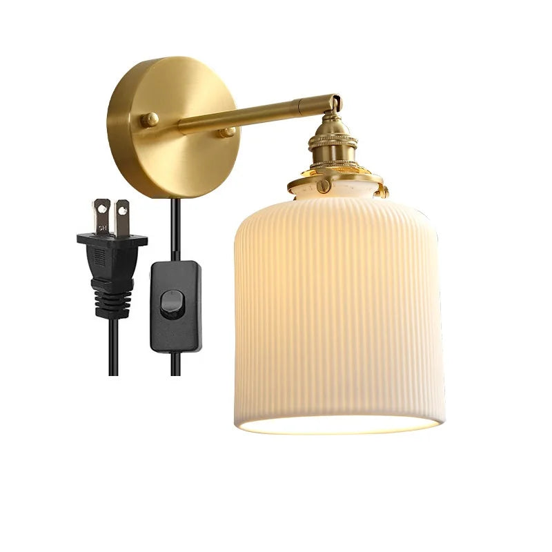 Axyaa Ceramic LED Wall Lamp with Pull Chain Switch - Modern White Black Copper Mirror Light