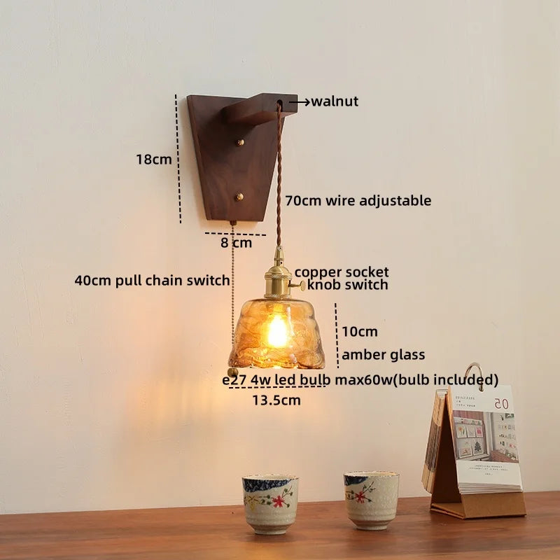 Axyaa Walnut Glass Pull Chain LED Wall Light Fixture for Home Decor